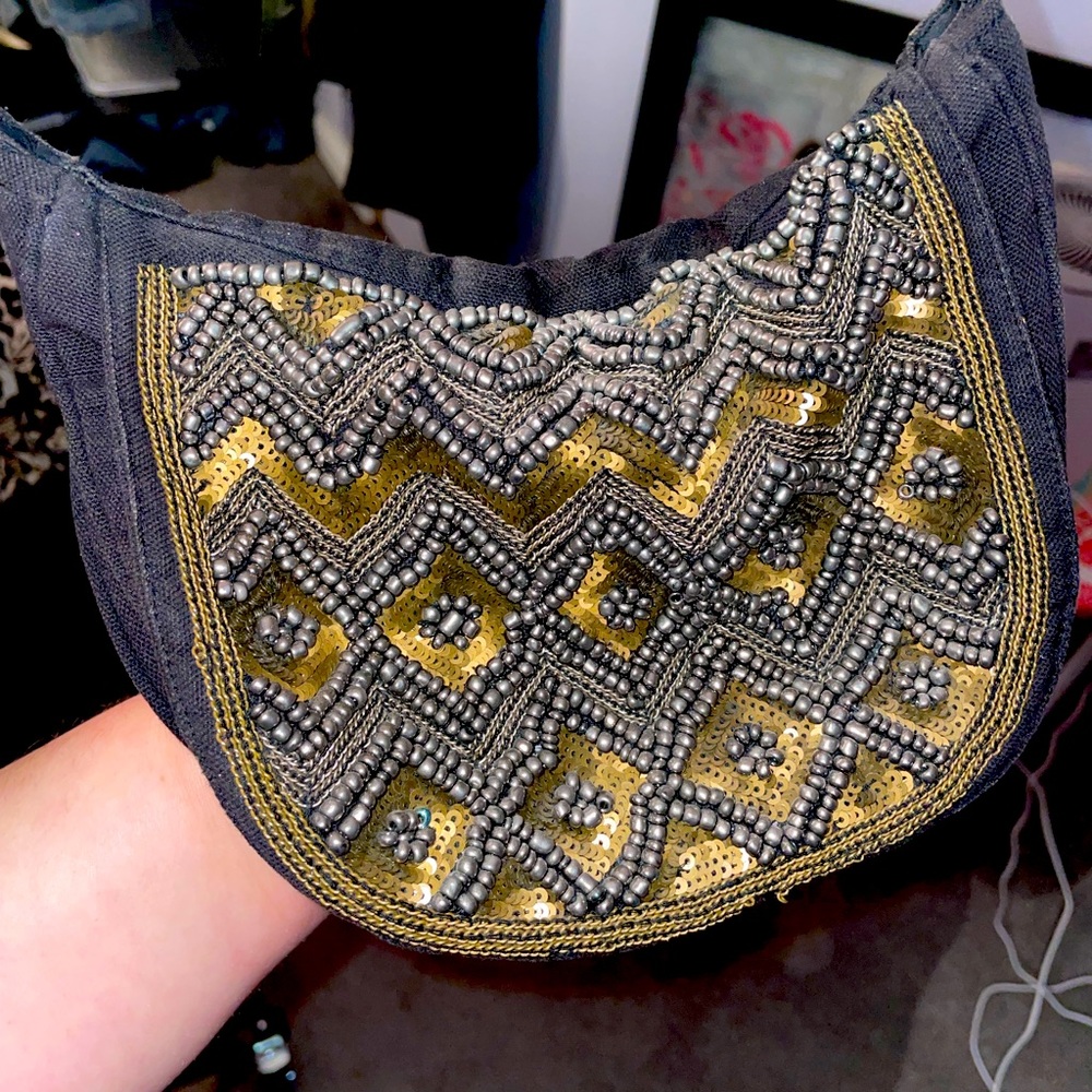 Sequin Gold and Silver Chevron Black Shoulder Bag